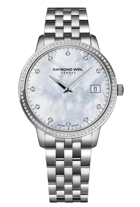 Raymond Weil Freelancer 5629-STS-97081 roestvrijstalen 29 mm roestvrijstalen syteel-armband. 10 ATM / 100 meter waterdicht. Ontspiegeld saffierglas met parelmoer wijzerplaat met briljant en een volledig met briljant bezette lunettte.